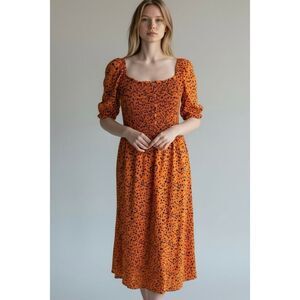 BeachLoungeLunch Women's Medium Orange Black Animal Print Midi Dress Smocked